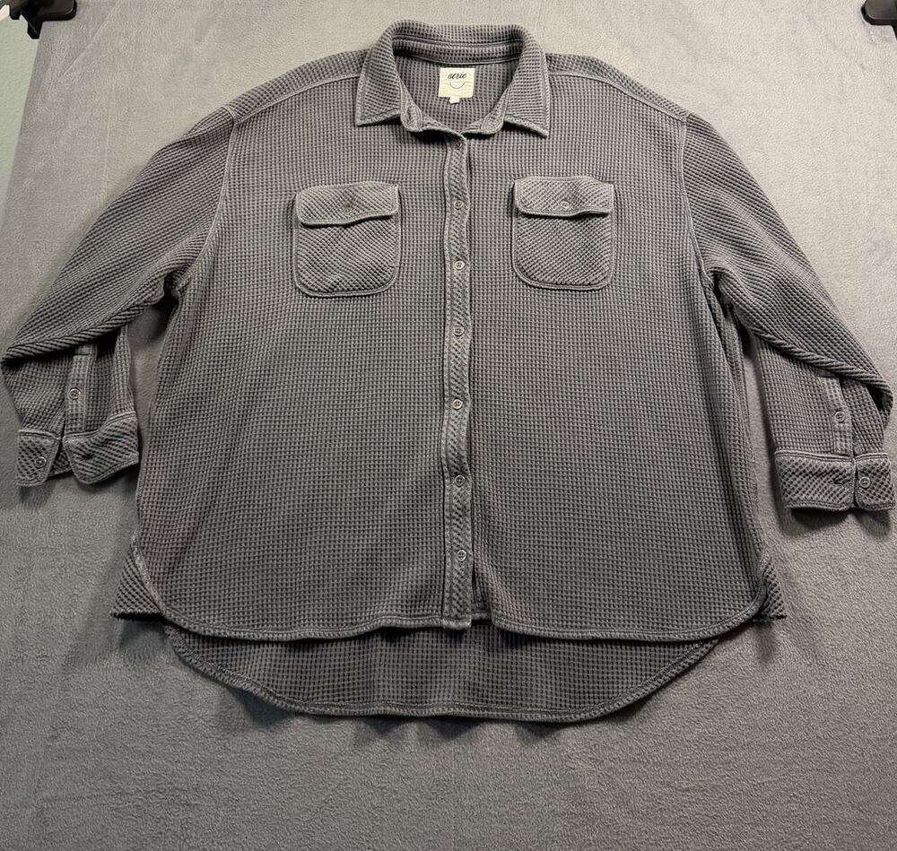 Aerie Lumber Jane Waffle Knit Shirt Jacket Large Gray Oversized Shacked Pocket L